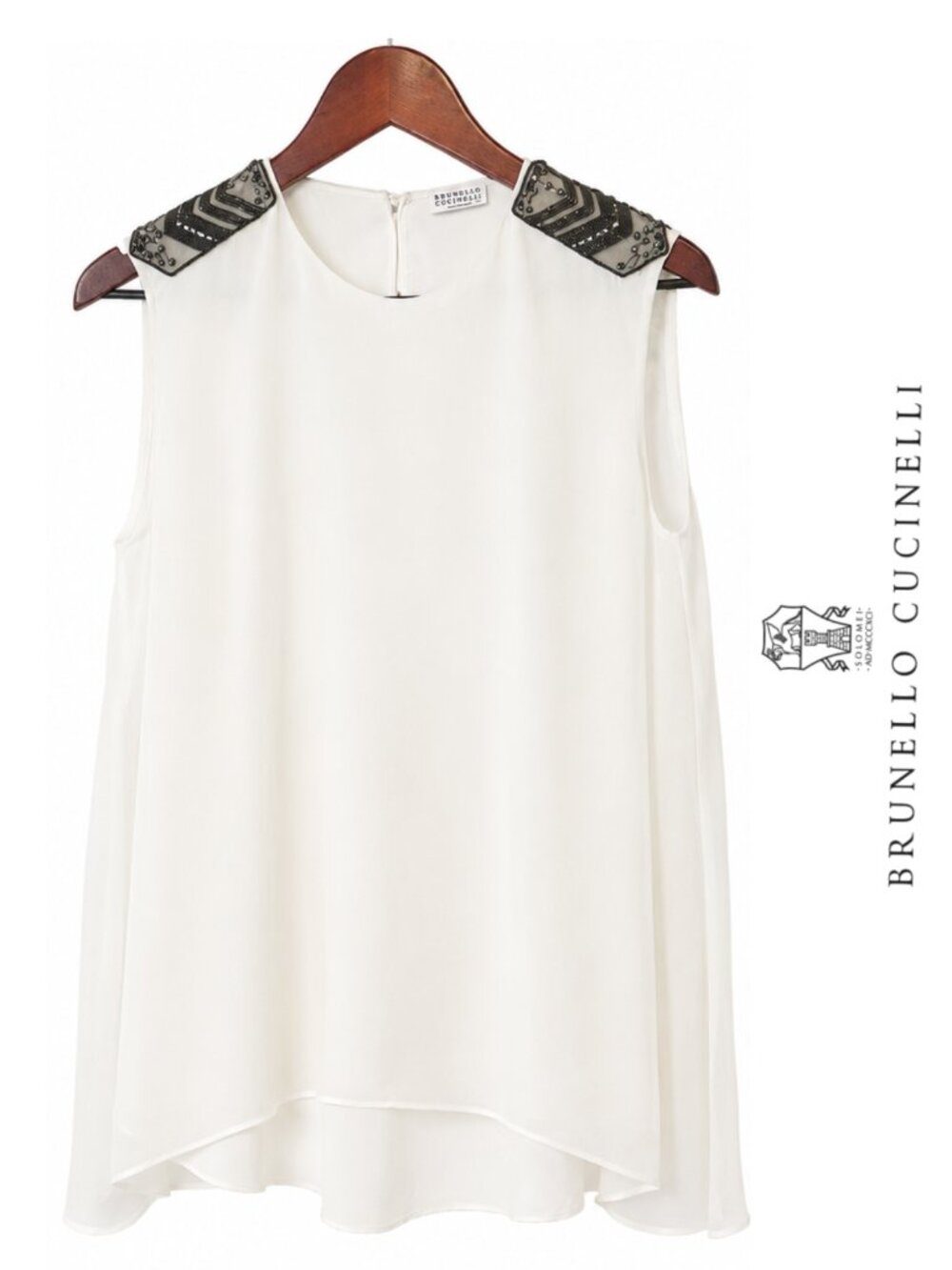Brunello Cucinelli Silk Monili Beaded Swarovski Top White M Italy AS IS